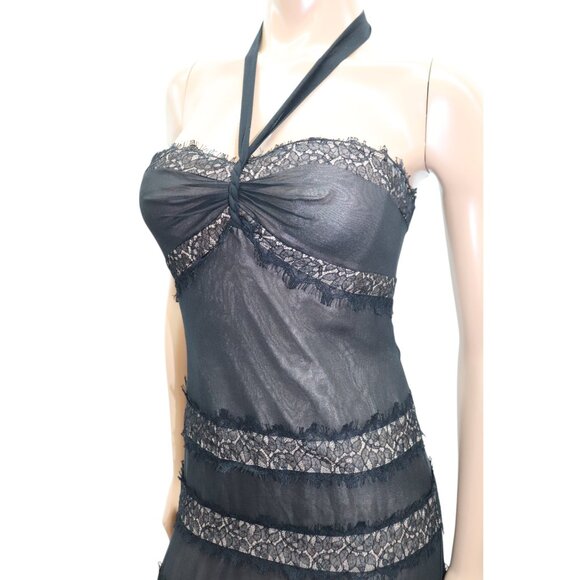BCBGMaxAzria Black Silk & Lace Tiered Maxi Dress Gown w/ Nude Size 8 - Picture 6 of 10